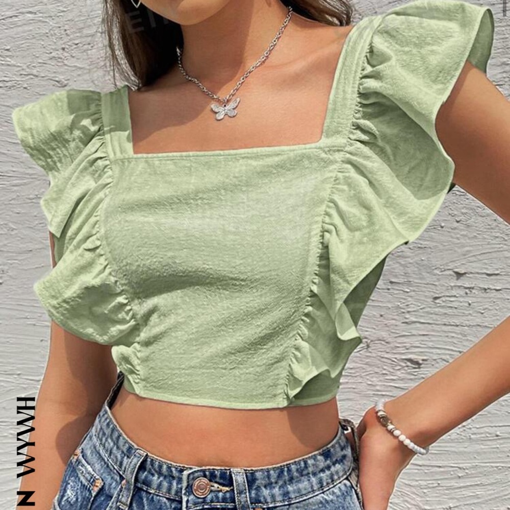 SHEIN WYWH Backless Knot Ruffle Trim Square Neck Blouse